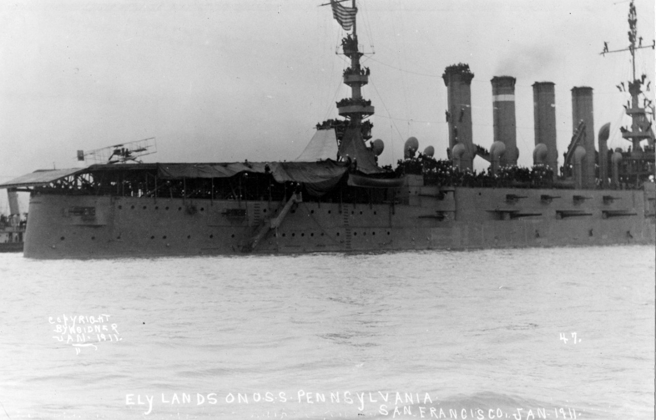 Photo #: NH 77574  First airplane landing on a warship, 18 January 1911