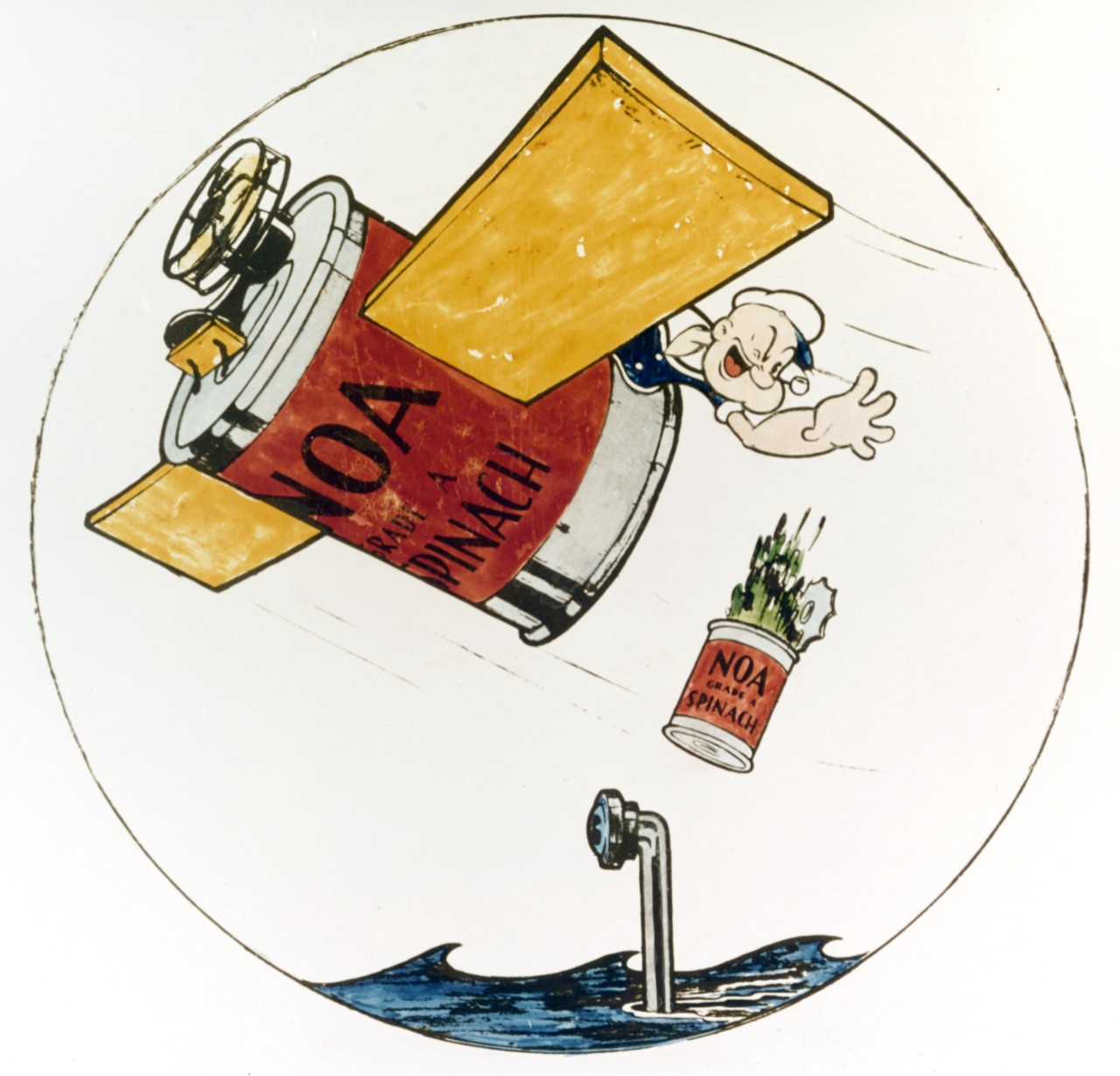 USS Noa (DD-343) "winged spinach can" insignia, circa 1940. This denoted the ship's aviation duties, having been fitted to carry a Curtis SOC-1 Seagull in April 1940. Note that the "pilot" Popeye is dropping a can of spinach on an enemy submarine, representative of anti-submarine duties.
