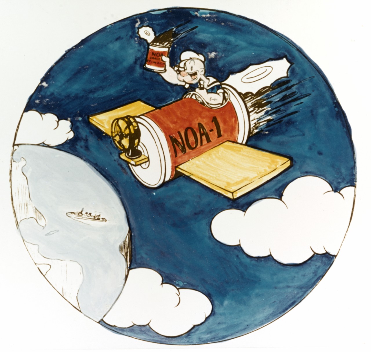 USS Noa (DD-343) insignia circa 1940, showing "winged spinach can" with Popeye at the controls, denoting NOA's affiliation with aviation duties. She carried a Curtiss SOC-1 Seagull beginning April 1940. Note the destroyer underway on a distant Earth in the background.