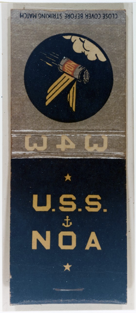 USS Noa (DD-343) insignia, circa 1940, on a matchbook cover. "Winged spinach can" indicates Noa's affiliation with aviation duties, having been experimentally fitted with a Curtiss SOC Seagull in April 1940.