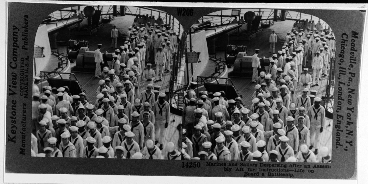 Inspection aboard a battleship, circa 1910 (Stereo view)