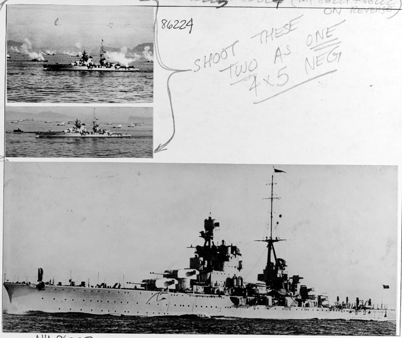 Two views of the Italian heavy cruiser POLA (1931-1941) at a 1938 review.