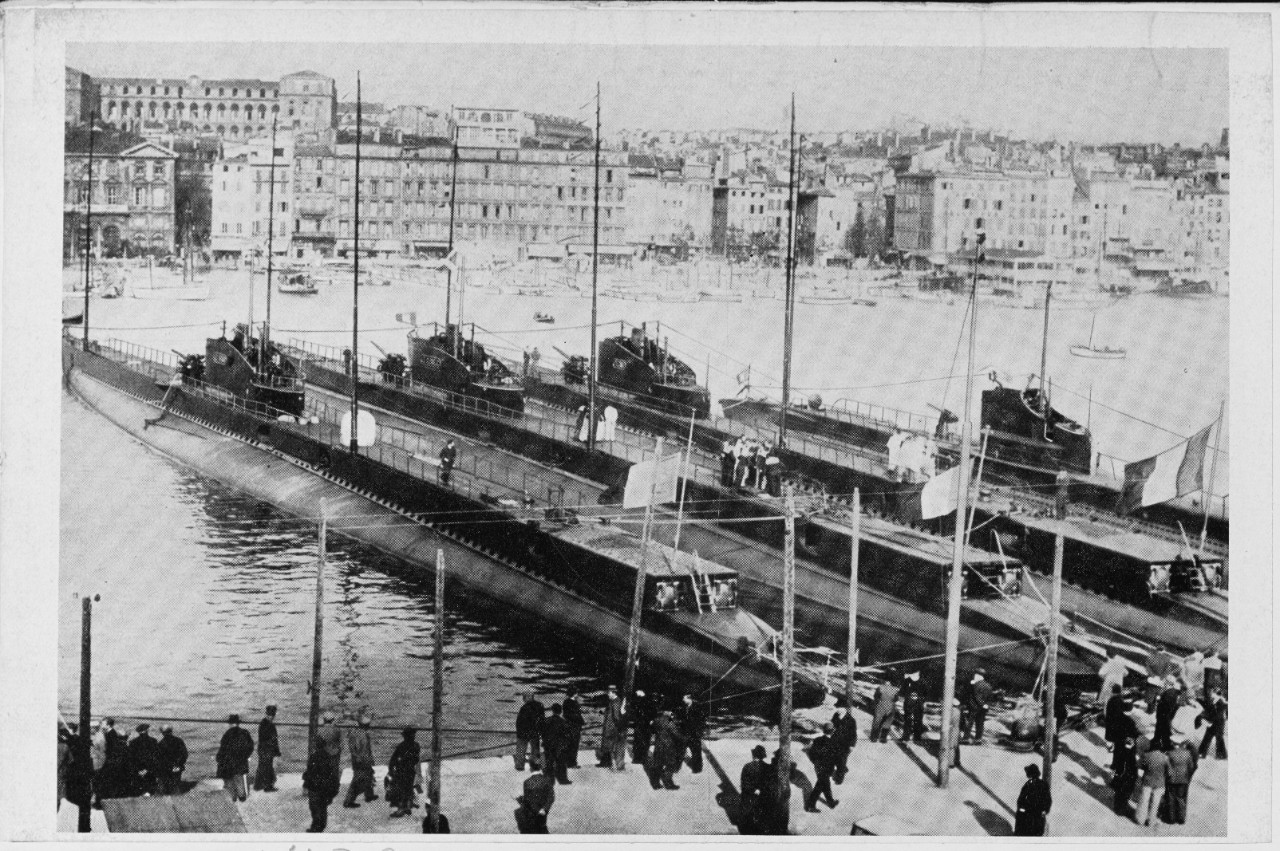Four French submarines during a port visit in the 1930s. 