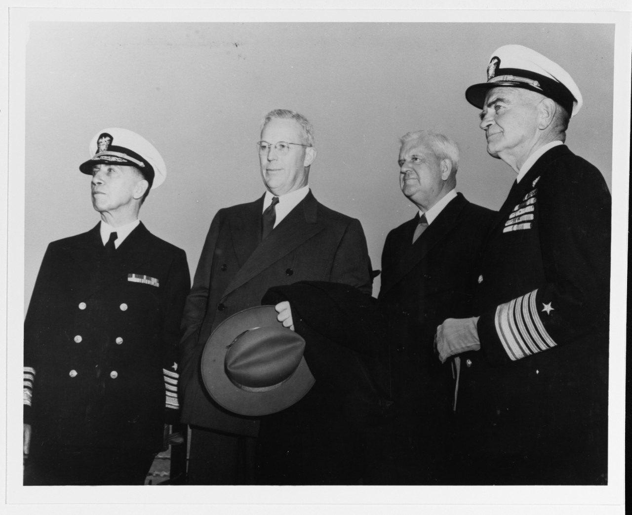 Admiral Royal Eason Ingersoll, Governor Earl Warren, Mayor Lapham, and Fleet Admiral William F. Halsey