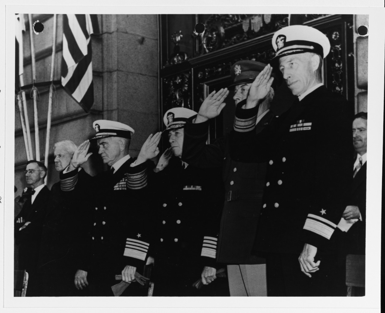 Mayor Lapham, Fleet Admiral William F. Halsey, Admiral Royal Eason Ingersoll, Major General Conger Pratt, and Rear Admiral Carleton Wright