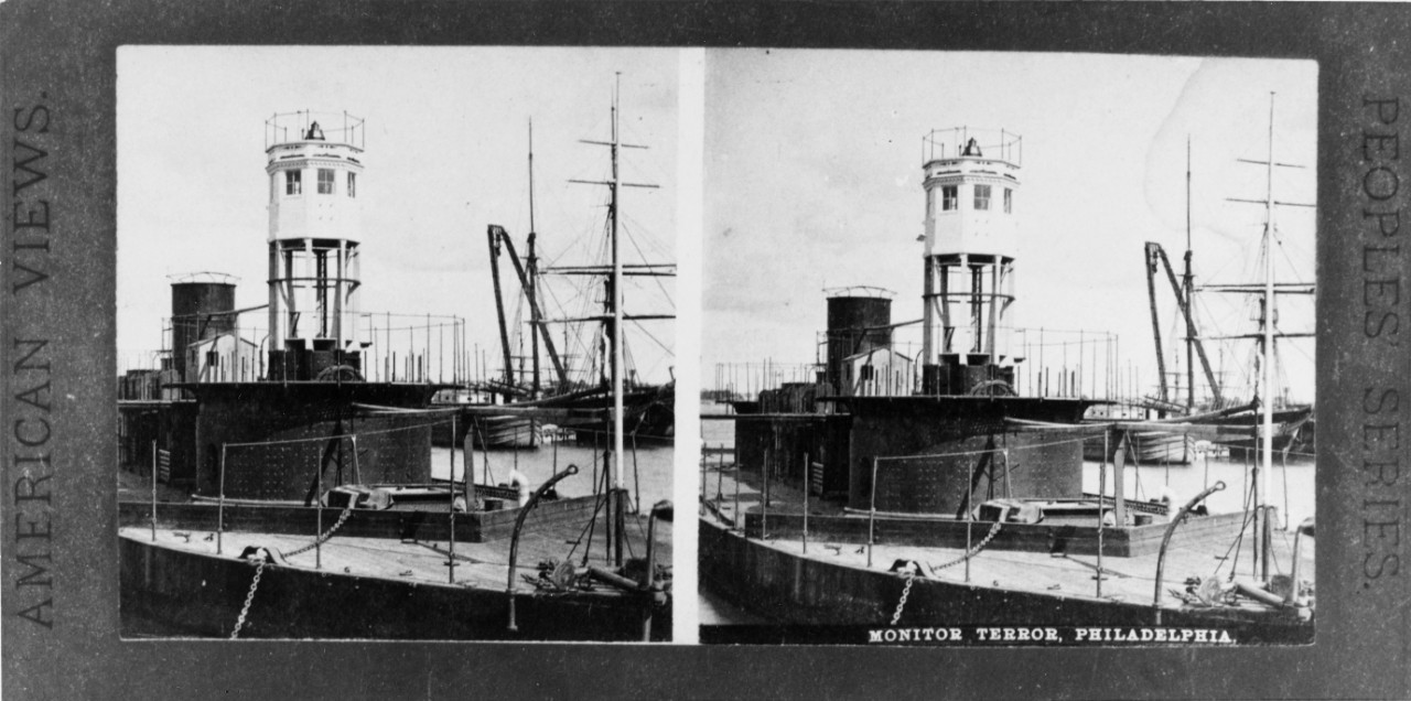 The former Agamenticus, renamed on 15 June, 1869, photographed at Philadelphia in reserve sometime between 1869 and 1874 when the ship began a major reconstruction. Note the teporary pilot house fitted atop the fore turret for improving visiblity in navigating the ship at sea.  