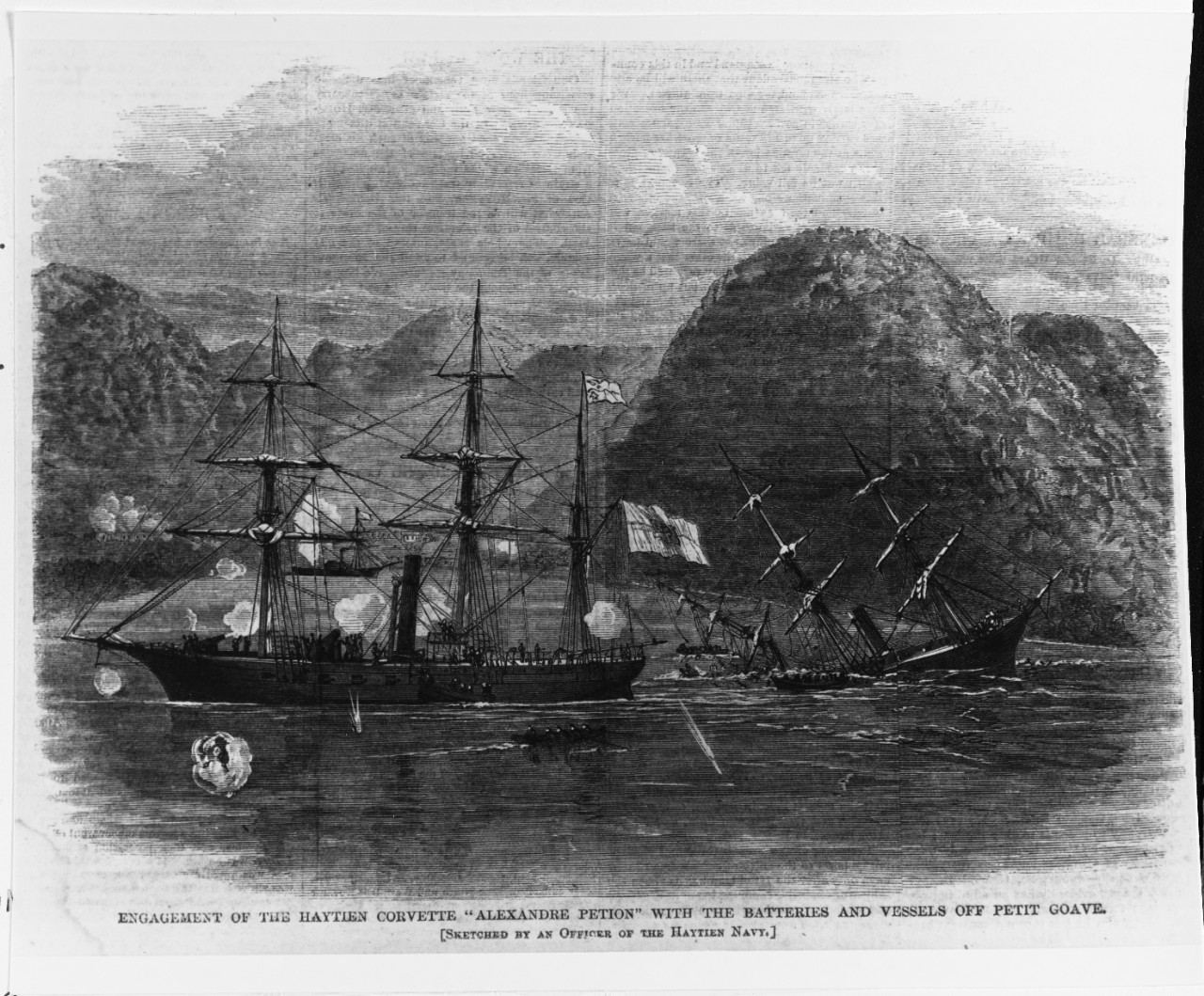 "Engagement of The HAYTIEN CORVETTE 'ALEXANDRE PETION' With the Batteries and Vessels off Petit Goave", 20 Sept 1868.