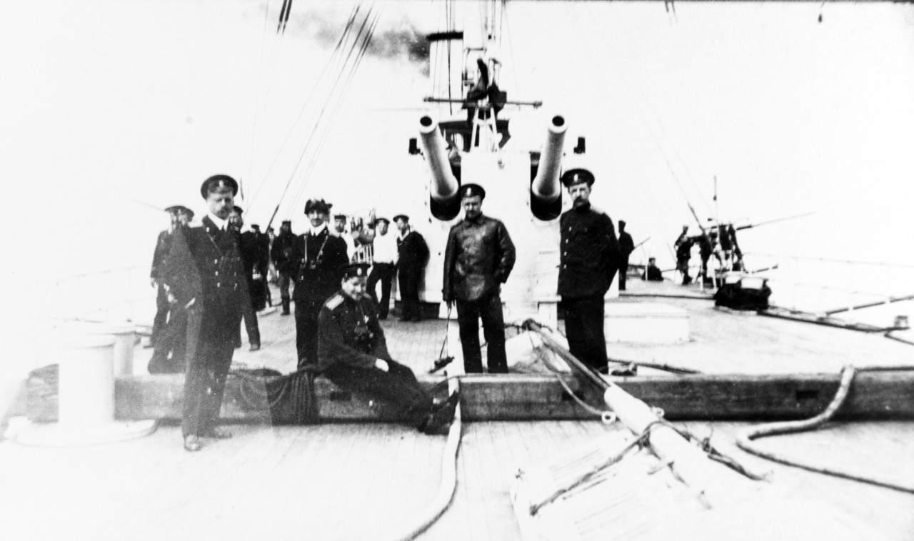 Russian Naval Officers and men aboard the cruiser KAGUL, 1915.