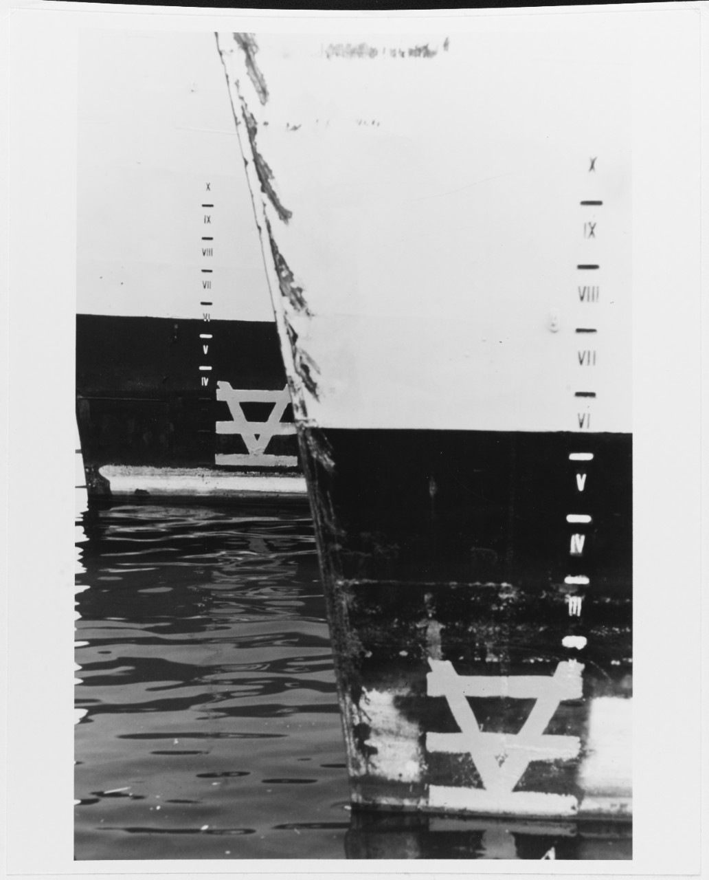 Draft Marks of two mothballed ships at the Philadelphia Naval Base, October 1978