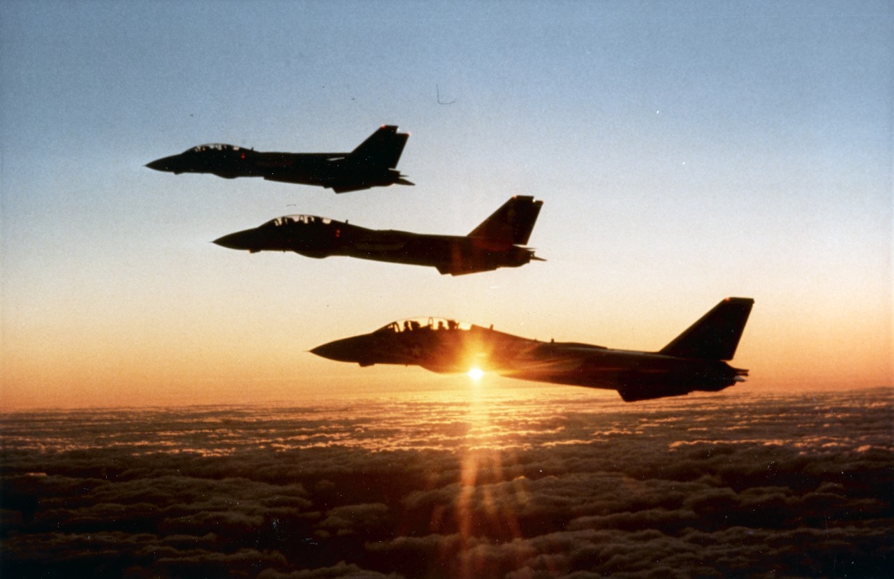 K 124199 Grumman F 14a Tomcat Fighters In Formation Silhouetted