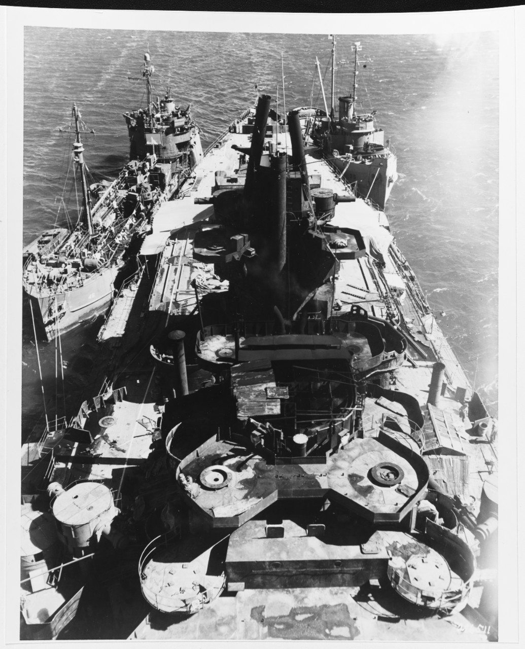 NAGATO, Japanese BB, 1919.  October 12, 1945. USS WAUPACA (AOG-46) is at left, and USS ATR-35 is at right