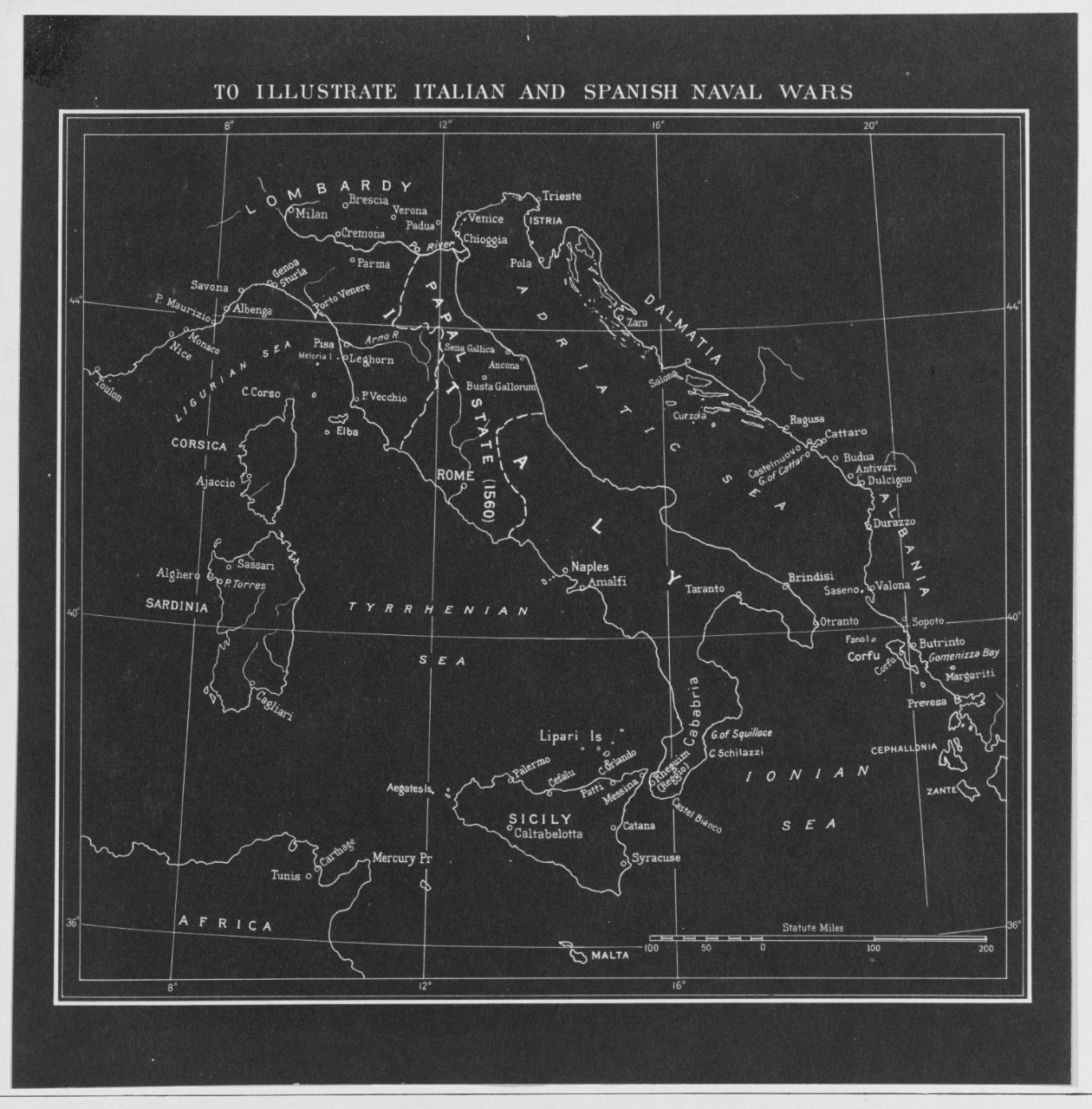 Map to Illustrate Italian and Spanish Naval Wars