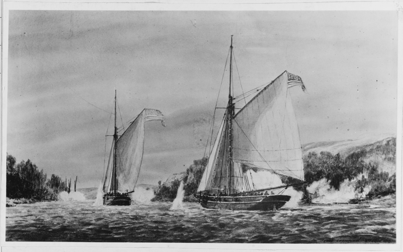 Sloops USS GROWLER and USS EAGLE in Action on Lake Champlain Against Shore Batteries, June 1813