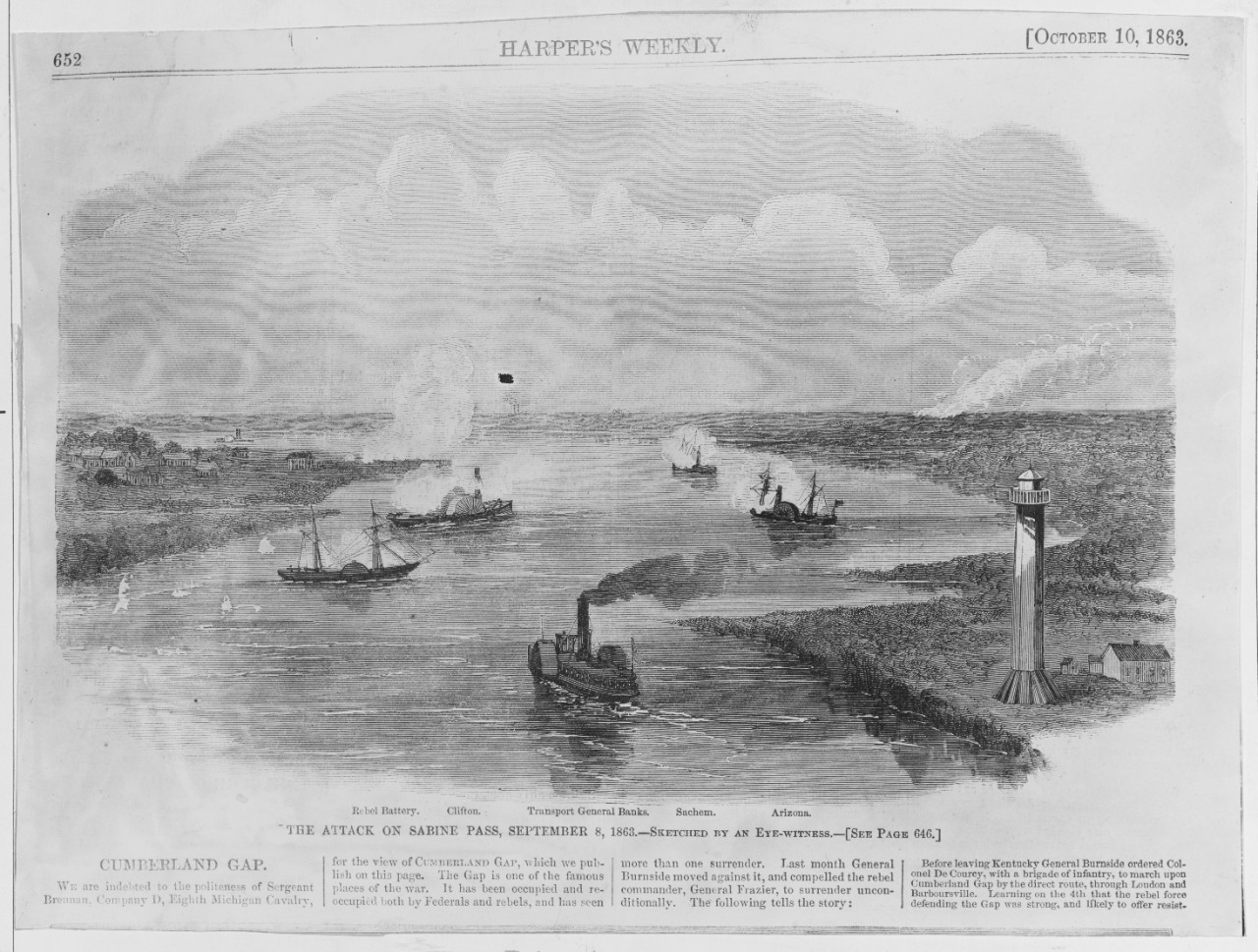 The Attack on Sabine Pass, September 8, 1863. Sketched by an Eye-Witness. Harper's Weekly, October 11, 1862. (USN 903260)