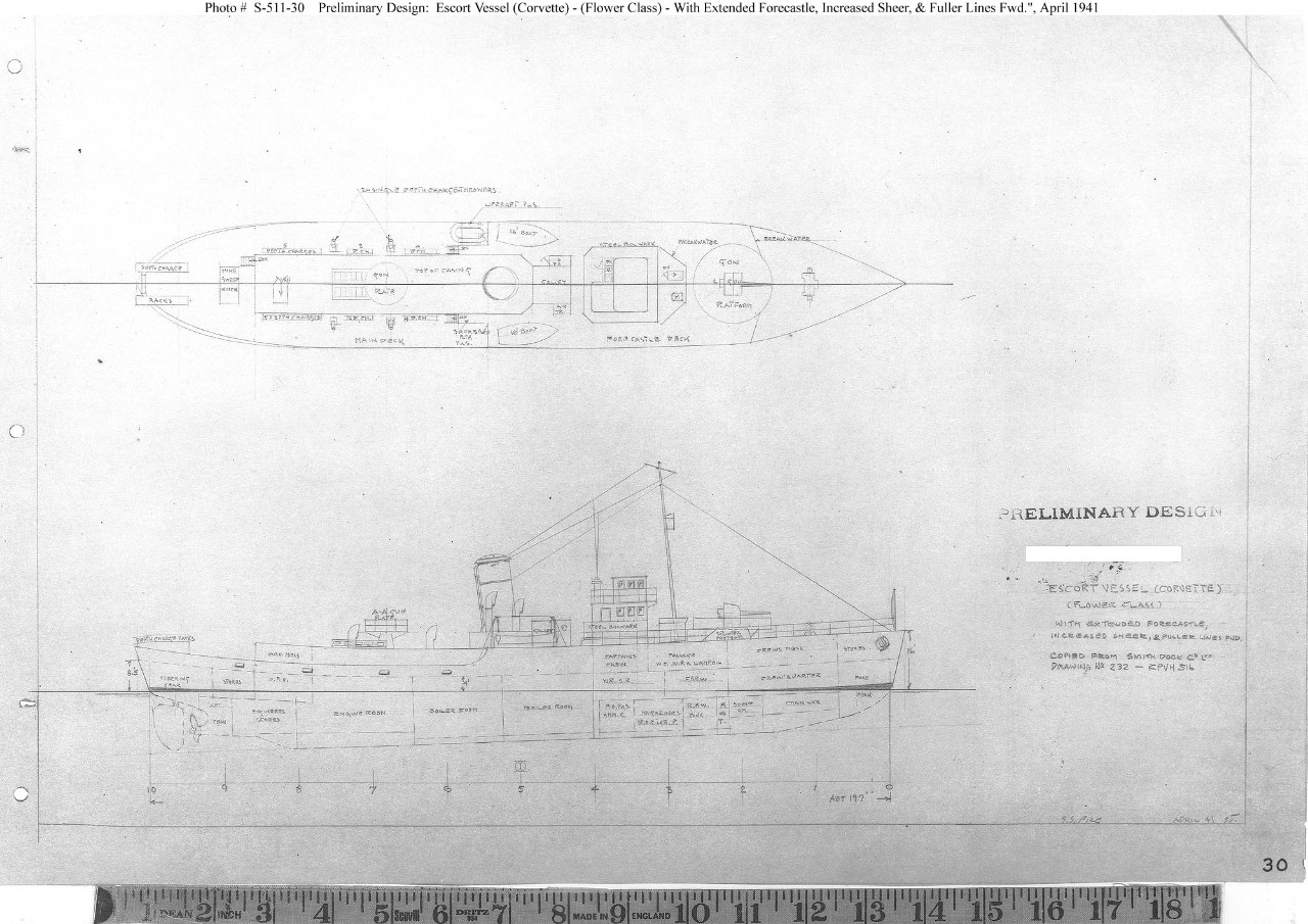 Photo #: S-511-30  &quot;Escort Vessel (Corvette) - (Flower Class) - With Extended Forecastle, Increased Sheer, &amp; Fuller Lines Fwd.&quot;