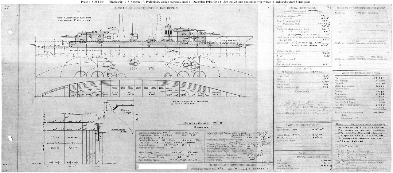 Photo #: S-584-104  Preliminary Design Plan for a Battleship ... December 11, 1916 Note: