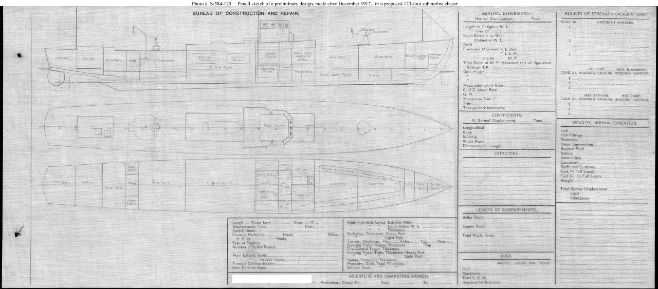 Photo #: S-584-125  Undated Draft Preliminary Design Plan for a 123-foot Submarine Chaser Note:
