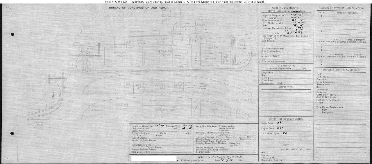 Photo #: S-584-128  Untitled Plan for a Seagoing Tug ... March 25, 1918 Note: