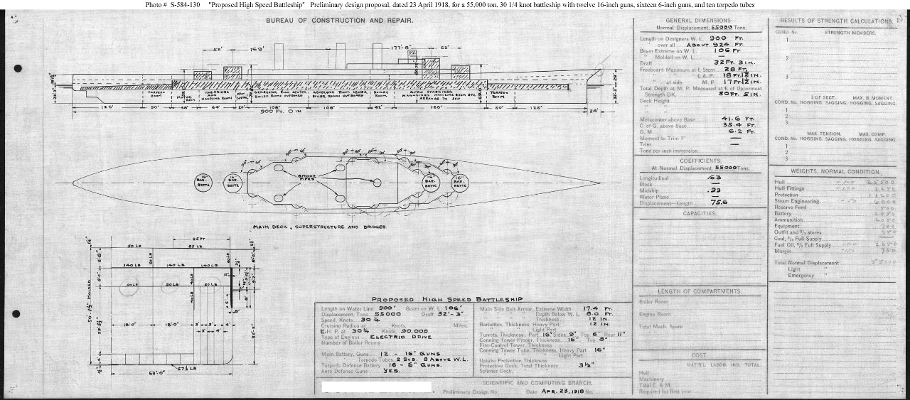 Photo #: S-584-130  Rough Draft of a Preliminary Design for a Fast Battleship ... April 23, 1918 Note: