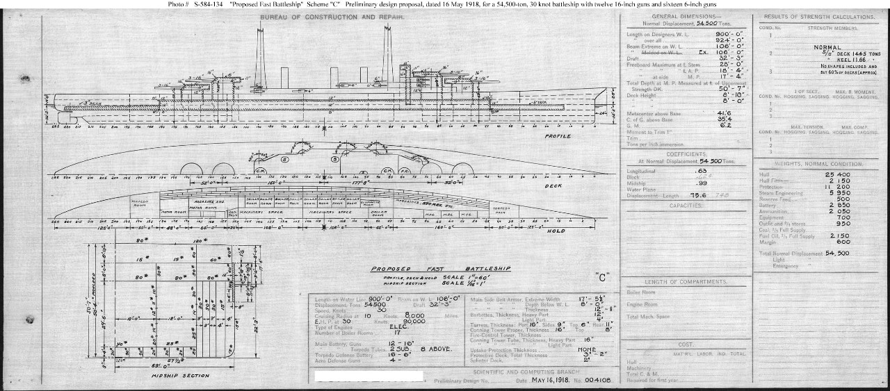 Photo #: S-584-134  Preliminary Design for a Fast Battleships ... May 16, 1918 Note: