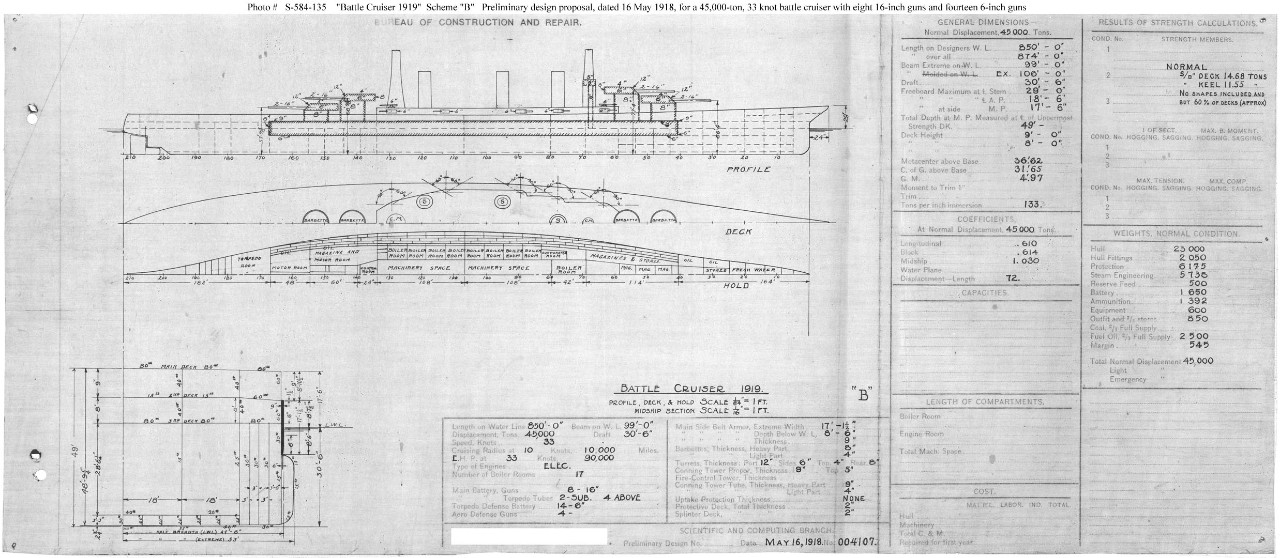 Photo #: S-584-135  Preliminary Design for an Improved Battle Cruiser ... May 16, 1918 Note: