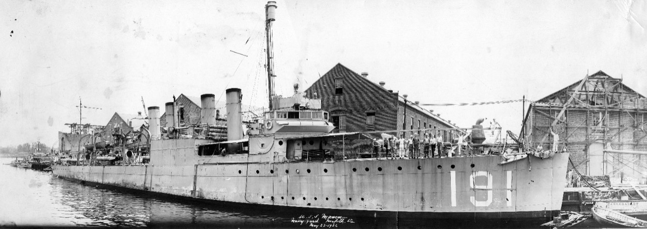 USS Mason (DD-191) at dock at Norfolk Navy Yard, VA, May 23, 1921.