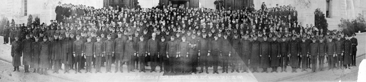 Oversize panoramic of the personnel of the Bureau of Steam Engineering, Navy Dept. Washington, D.C., December 1918. RADM Robert S. Griffin is the bearded officer in the center of the front row. 