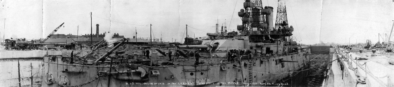 Oversize panoramic of the USS Wisconsin (BB-9) in "largest drydock in the world", May 6, 1919, Norfolk Navy Yard. From the collection of R.H. Lippencott. 