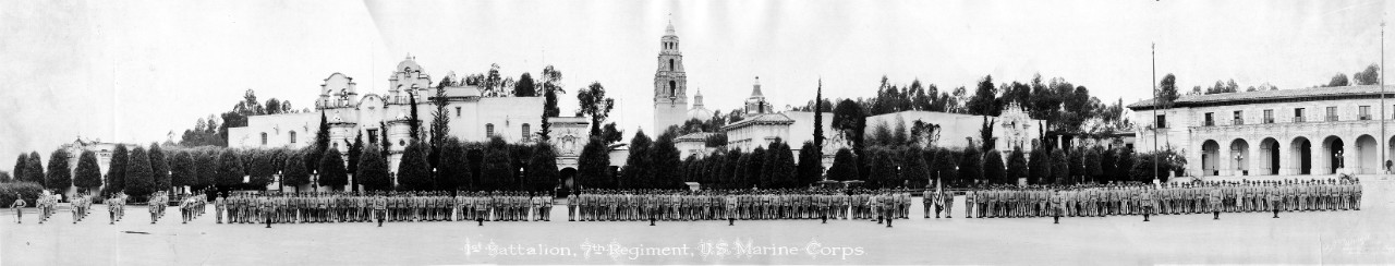 1st Battalion, 7th Regiment, USMC, in formation at Balboa Park, San Diego, CA; ca. 1910s-1920s