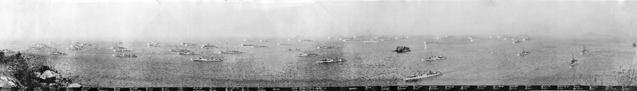Oversize panoramic of the combined U.S. Fleet (at the Pacific entrance to the Panama Canal) in Panama Bay, Panama, March 1, 1923. A full listing of all ships is included on the bottom of the photograph. 