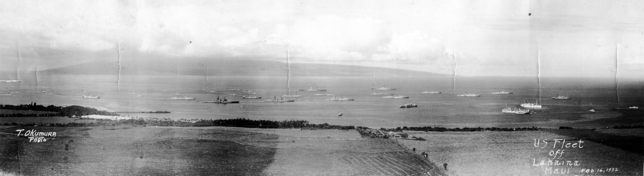 U.S. fleet off Lahaina, Maui, Territory of Hawaii, on February 16, 1932. There are seven battleships, carriers USS Lexington (CV-2) and USS Saratoga (CV-3), four light cruisers, twenty-four destroyers, and many auxiliaries. From the collection of Irwin W. Munro, USN