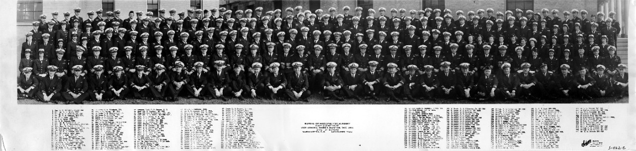 Oversize panoramic of the Bureau of Medicine & Surgery officer complement, November 1944. Vice Admiral Ross McIntire is in the center. All present are identified (total of 221 names). 