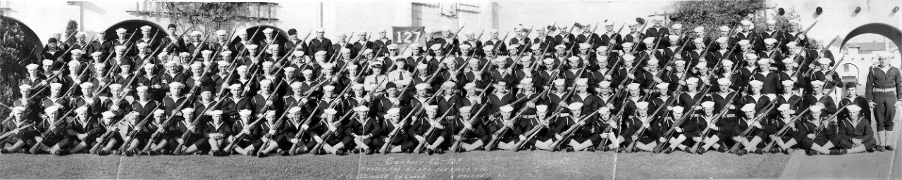 Oversize panoramic photo of company 42-127, Naval Training Station San Diego, on March 19, 1942. Trainees are posed with M1903 "Springfield" rifles (with some variety in stocks). Also in the photo is John C. Hedigan (from his collection). 