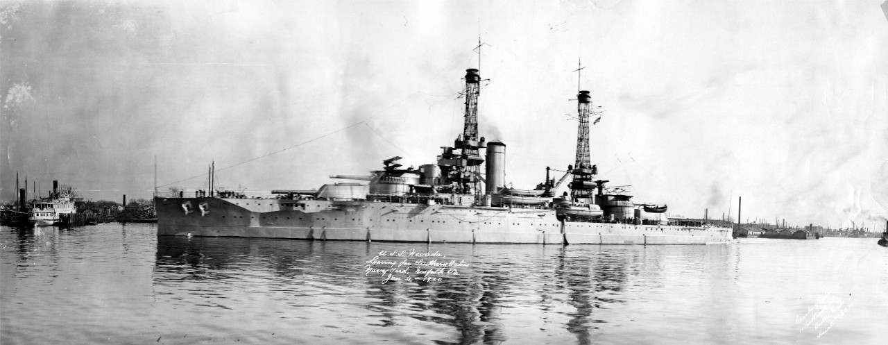 USS Nevada (BB-36) leaving Norfolk Navy Yard, January 4, 1920. Part of a collection of 16 oversized panoramic photos from the collection of George Archambeault during his naval service, 1919-1922. 