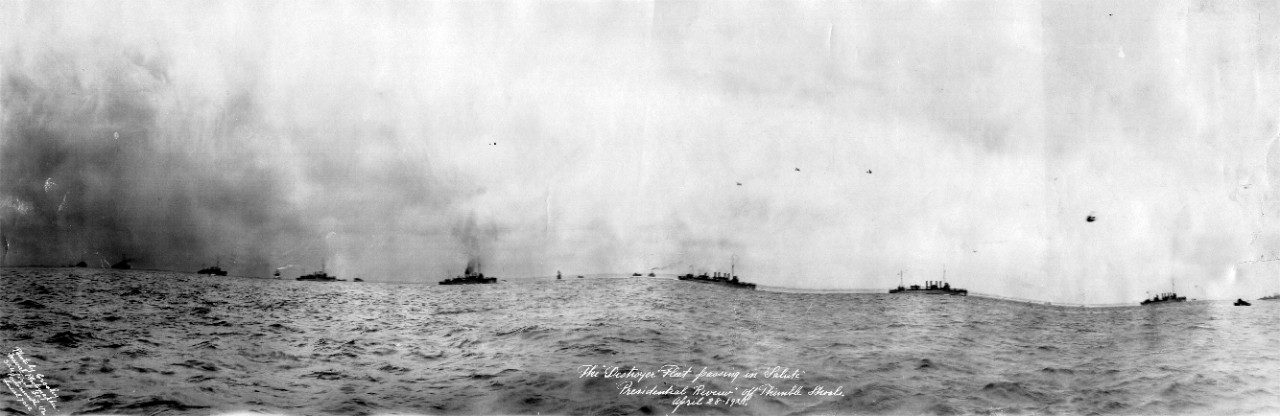 The destroyer fleet passing in salute, presidential review off Thimble Shoals, April 28, 1921. 