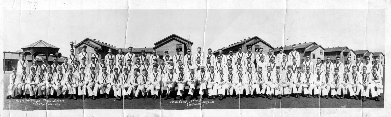 Panoramic photo of the Mess Cooks of the 15th Regiment, Great Lakes, IL, 26 July, 1920. From the collection of George Leliukevicz. 