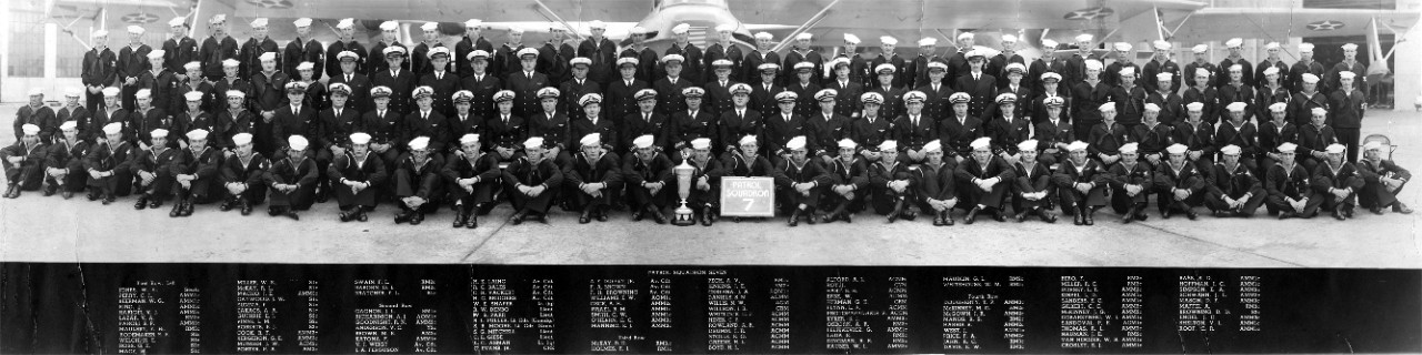 Panoramic photo of the officers and men of Patrol Squadron Seven, circa 1937, with PBY aircraft behind them. Each individual in the photo is listed. Photo is from the collection of  George Leliukevicz, who is in the third row. 