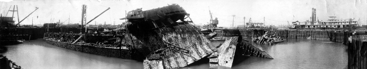 Wreck and salvage operation of the USS Maine (BB-10), June 21, 1911. Part of a series of eight oversize panoramic photos related to the salvage of the USS Maine. 