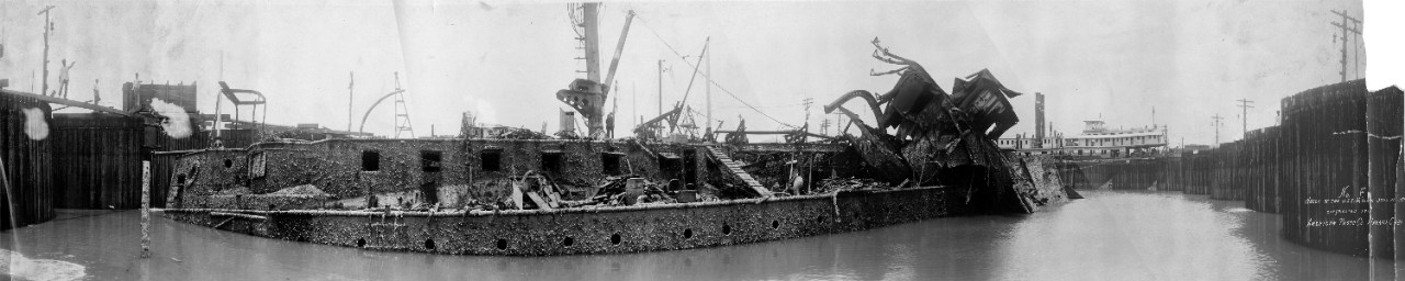 Wreck and salvage operation of the USS Maine (ACR-1), June 21, 1911. Part of a series of eight oversize panoramic photos related to the salvage of the USS Maine. 