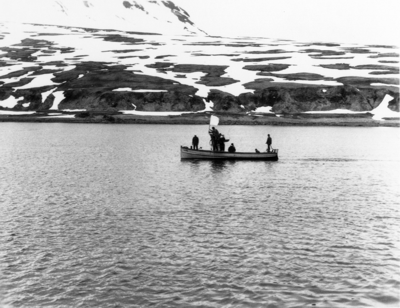 <p>UA 437.04.006 Sounding Boat in Operation during Harbor Survey. The sounding Platform built for the 30 ft Motor Launch was very satisfactory.</p>
