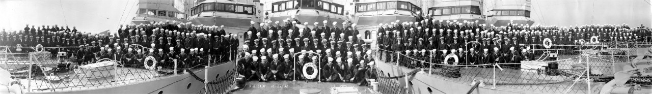 Officers and crew of six Wickes class destroyers: USS Rathburne (DD-113); USS Talbot (DD-114), USS Dent (DD-116), USS Waters (DD-115), USS Lea (DD-118), USS Dorsey (DD-117). Ships are docked in San Diego, CA, October 22, 1930. 