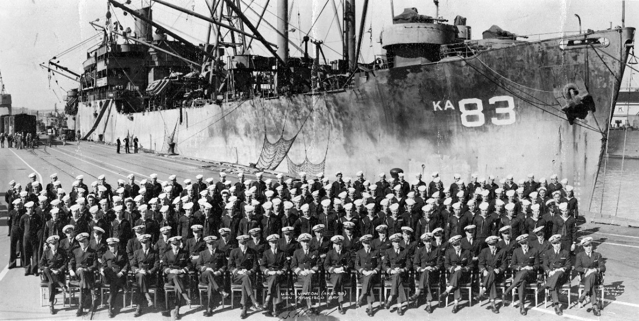 Officers and crew of USS Vinton (AKA-83) in San Francisco Bay, CA, circa 1945.