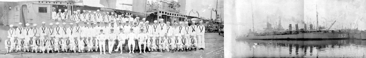 Split image panoramic: officers and crew - USS Dickerson (DD-157), September 1919 (half of photo) / USS Dickerson (DD-157) docked (other half of photo). 
