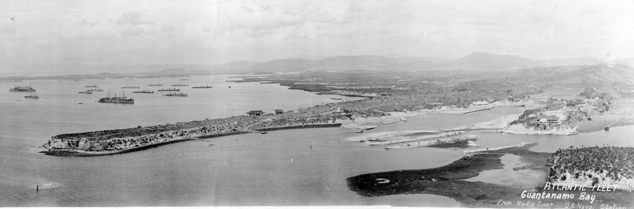 Oversize panoramic of US Fleet in the Havana Harbor at Guantanamo Bay, Cuba, 1936. Photograph was taken from the radio tower at the US Naval Station. 