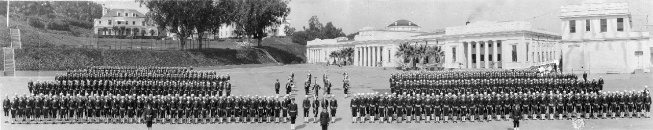 Oversize panoramic of sailors in formation at Naval Training Station Yerba Buena, CA. 