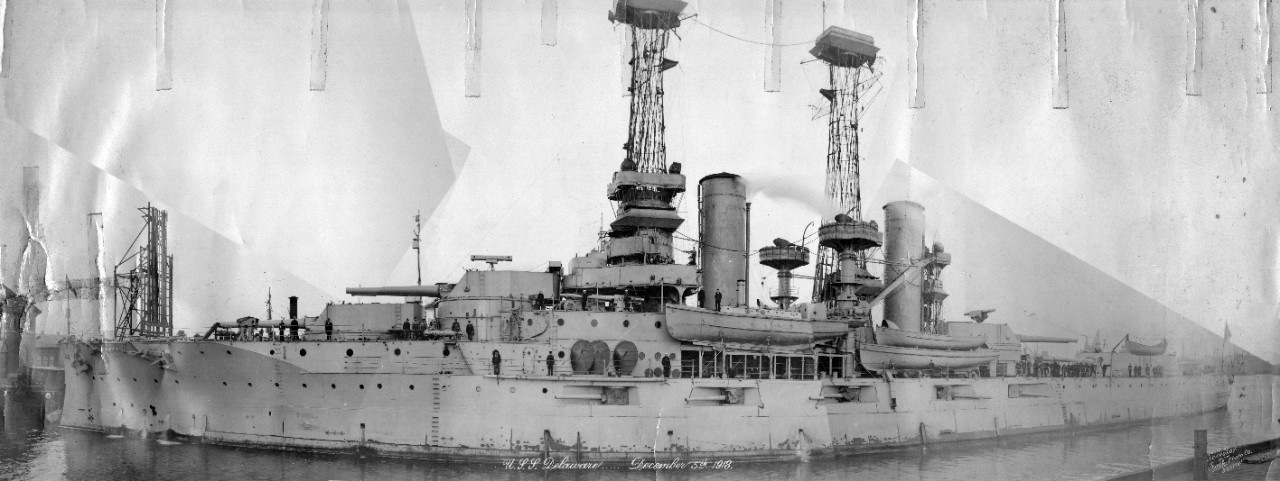 Oversize panoramic of USS Delaware (BB-28) in dock, December 5, 1918.