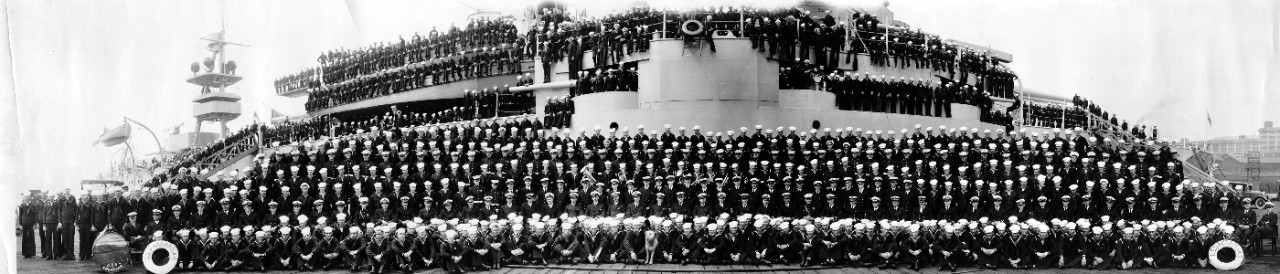 Oversize panoramic of the officers and crew of USS Arkansas (BB-33), circa 1926-1940. 