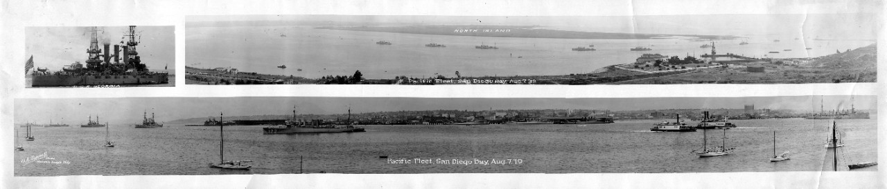 Oversize collage panoramic of the Pacific Fleet in San Diego Bay, August 7, 1919. View across the bay is North Island. A close up of USS Georgia is BB-15 is in the upper left hand corner, with the following ships in the center of the image: USS Sproston (DD-173), USS Crosby (DD-164), USS Buchanan (DD-131) & USS Waters (DD-115). 