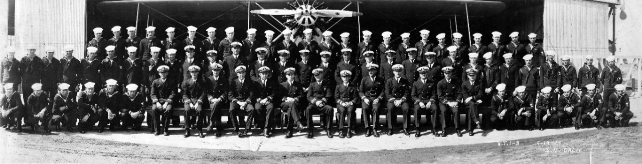 Oversize panoramic of torpedo squadron (VT) 1-B, officers and crew, September 14, 1929, San Diego, CA 