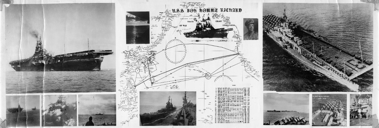 Oversize panoramic of USS Bon Homme Richard (CV-31): 1945-1946 track of war chart operations (cruise map)